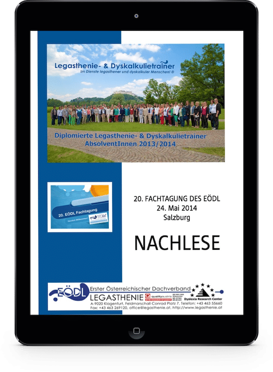 Broschüre, Fachtagung, 20. EÖDL Fachtagung, Fachtagung, EÖDL, Legasthenie, Dyskalkulie, Legasthenietrainer, Dyskalkulietrainer, Vortrag, Eltern, Kinder, Sinneswahrnehmungen