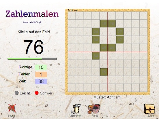 Zahlen malen, Dyskalkulie, AFS-Methode, Sinneswahrnehmungen, kostenlos, Spiel, Software, Eltern, Lehrer, Kinder, Hunderterraum, Orientierung im Hunderterraum, 100er Raum