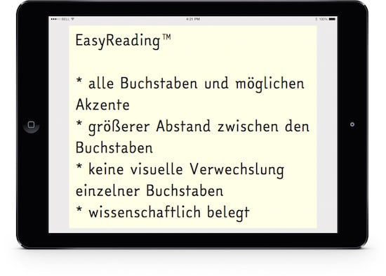 EasyReading, Broschüre, Fonts, Schriftarten, Legasthenie, Lesen, Schule, Kinder, Eltern, Lehrer, Hilfe