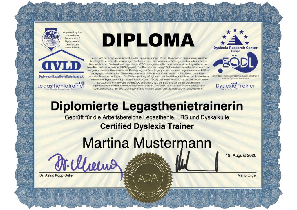 Das EÖDL-Diploma zum/zur diplomierten Legasthenie- und DyskalkulietrainerIn, bzw. diplomierten LerndidaktikerIn ist eine verbriefte Bestätigung dieses Aus- und Weiterbildungserfolgs, die von einer anerkannten und geschätzten österreichischen Institution vergeben wird.