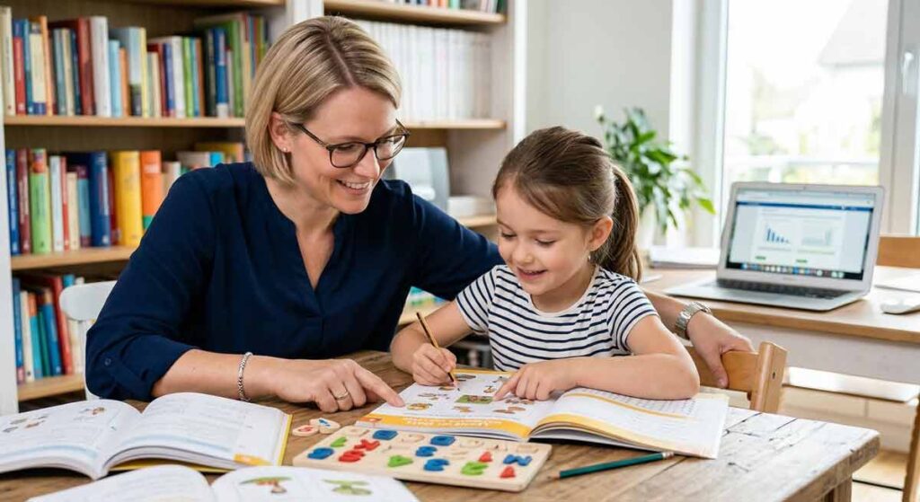 Legasthenietraining: Frau lernt mit Kind – diplomierte Legasthenietrainerin bei der Arbeit